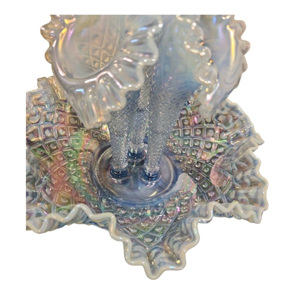 Vtg Fenton Opalescent Hobnail Diamond Lace 3 Horn Bowl - Picture 2 of 10